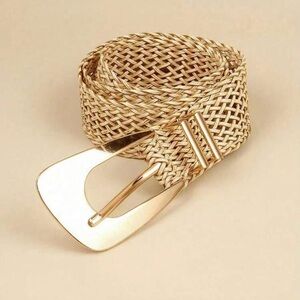 1pc Women's Handmade Woven Metallic Gold Waist Belt With Asymmetrical Metal